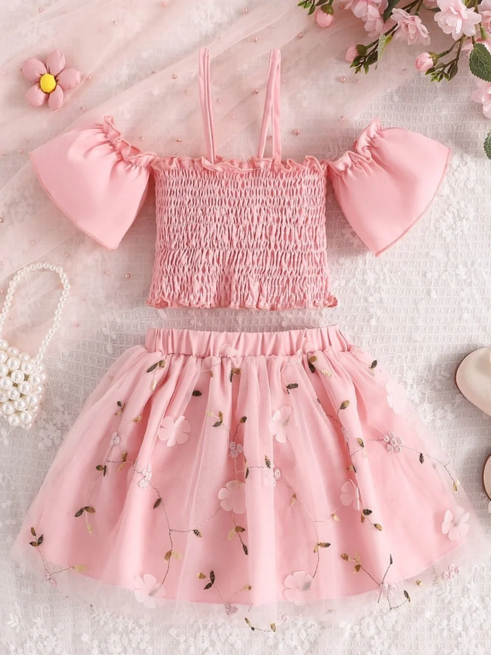 Children's Smocked Top & Bow Decor Tulle Skirt Set